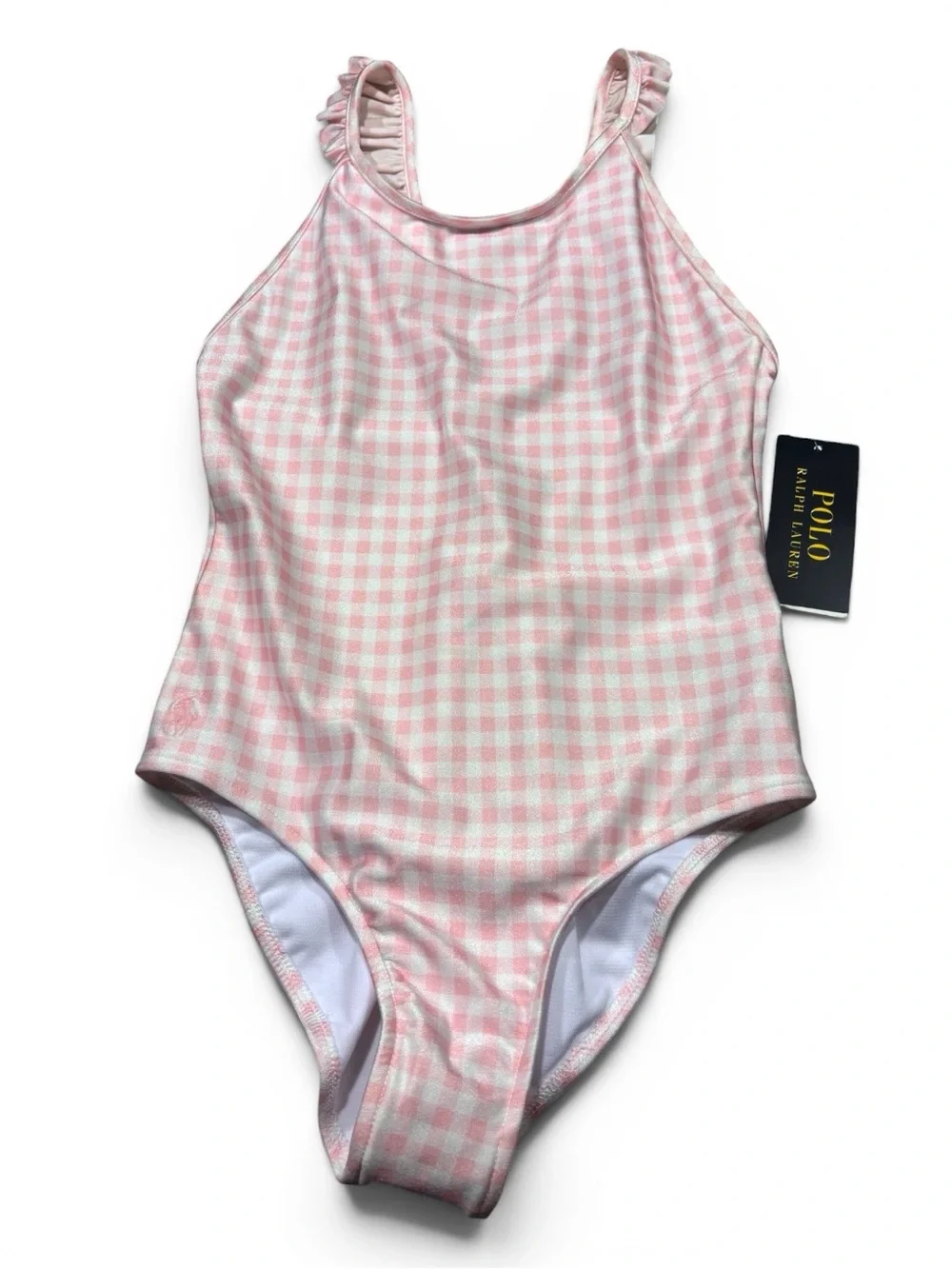Polo Ralph Lauren Girls Pink Gingham Ruffle Strap One Piece Swimsuit Size 10 NWT